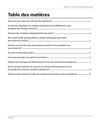 Aperçu de la table des matières de la publication