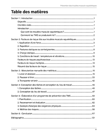 Aperçu de la table des matières de la publication