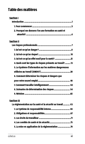 Aperçu de la table des matières de la publication