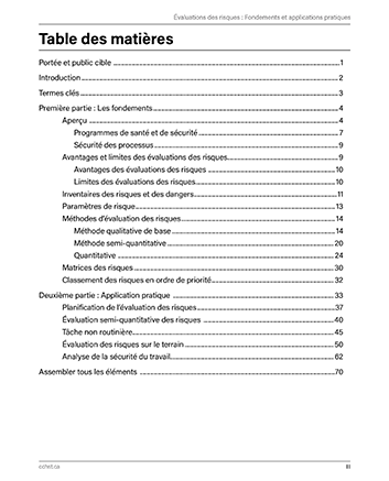 Aperçu de la table des matières de la publication