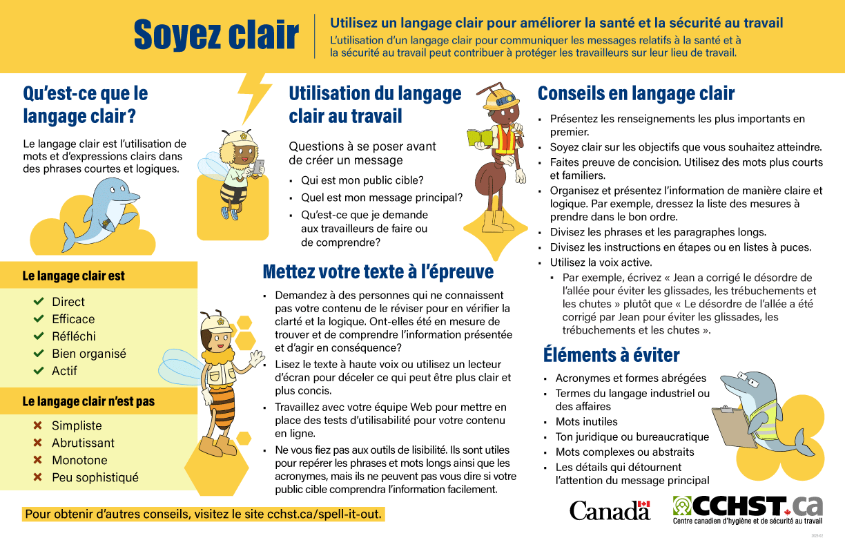 Un document infographique téléchargeable à propos de la boîte à outils sur le langage clair. Une image d’un groupe formé d’abeilles, de dauphins et d’une fourmi qui travaillent avec des renseignements sur l’utilisation d’un langage clair en milieu de travail