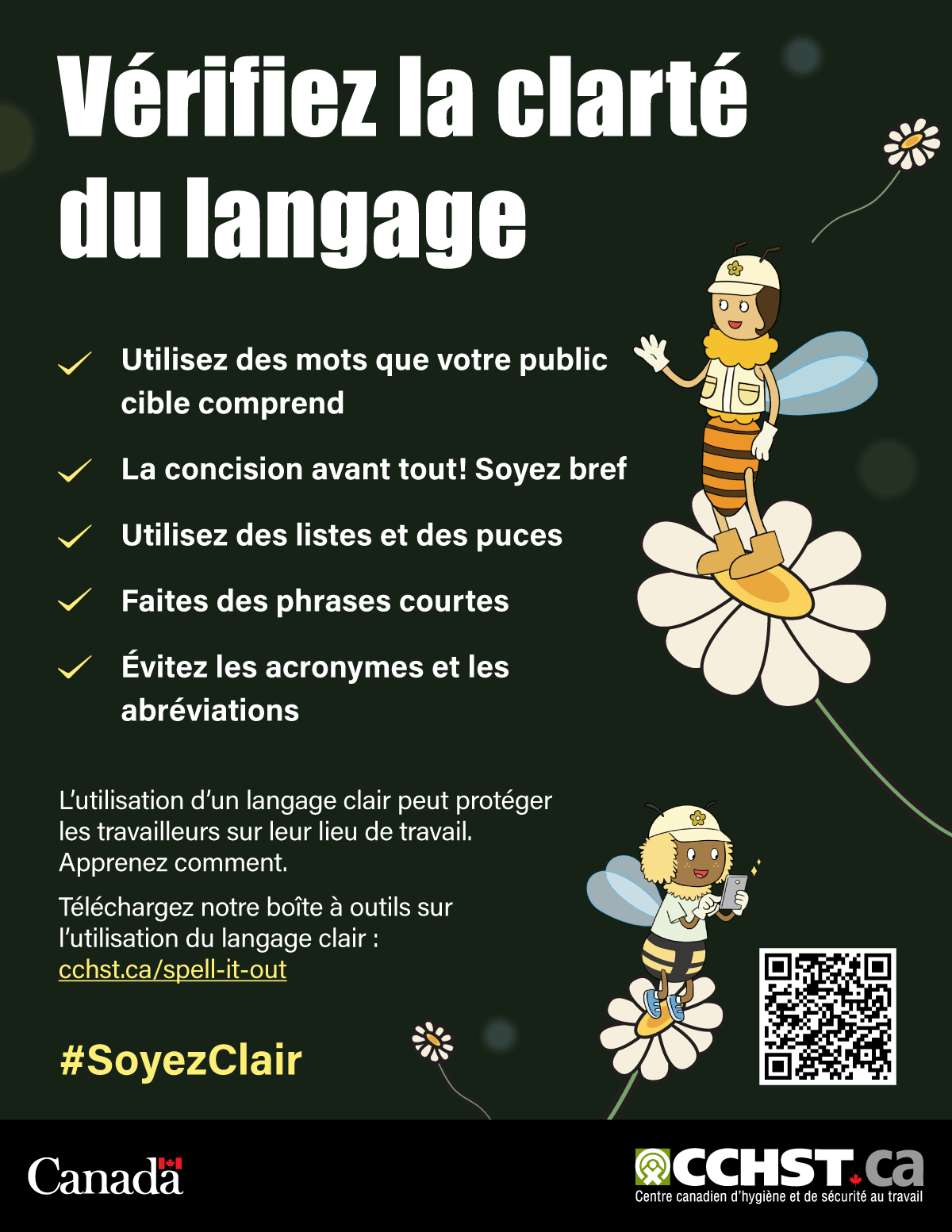 Une affiche téléchargeable à propos de la boîte à outils sur le langage clair. Une image de deux abeilles sur des fleurs avec un code QR pour obtenir plus de renseignements