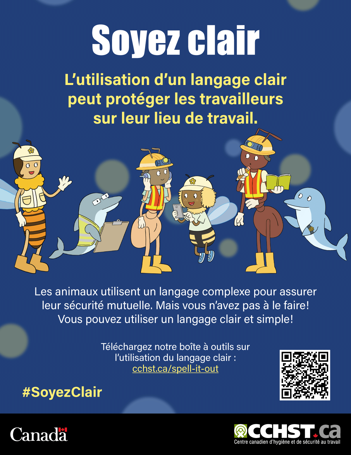 Une affiche téléchargeable à propos de la boîte à outils sur le langage clair. Une image d’un groupe d’abeilles, de dauphins et de fourmis qui travaillent avec un code QR pour obtenir plus de renseignements